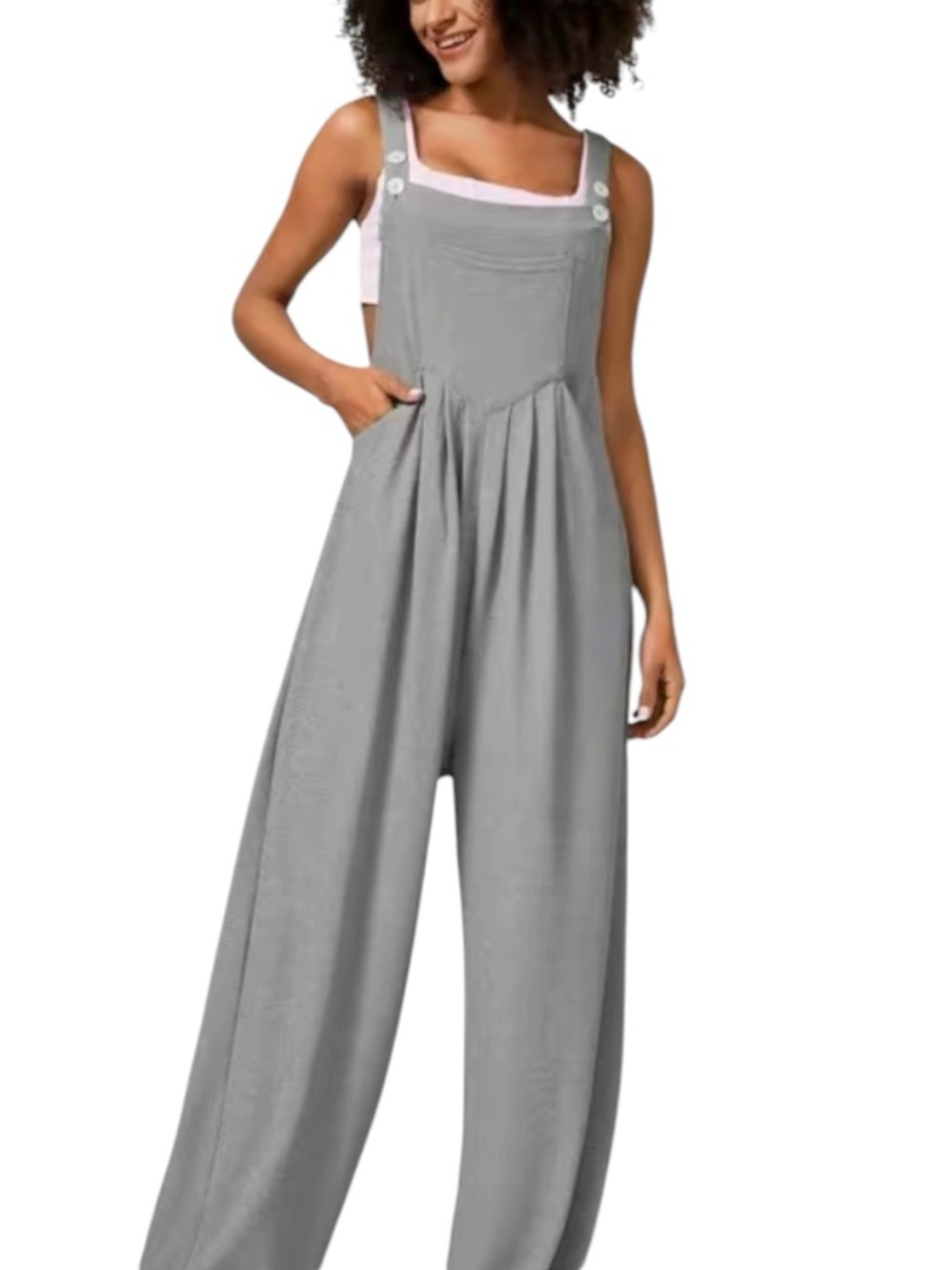 Wide-Leg Overalls in Light Gray